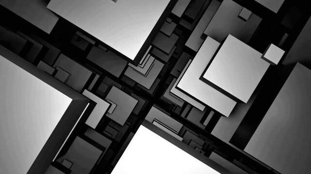 Black and gray floating cubes in a complex 3D geometric landscape with soft lighting and deep shadows.