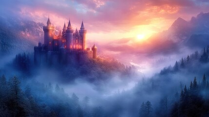 Fototapeta premium Magical castle on misty hill at dusk in colorful sky dreamy fantasy landscape