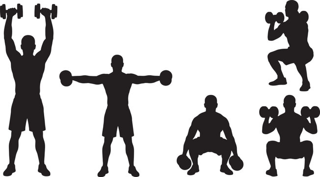 Dumbbell Workout Silhouette Set with Men Performing Strength Training Exercises