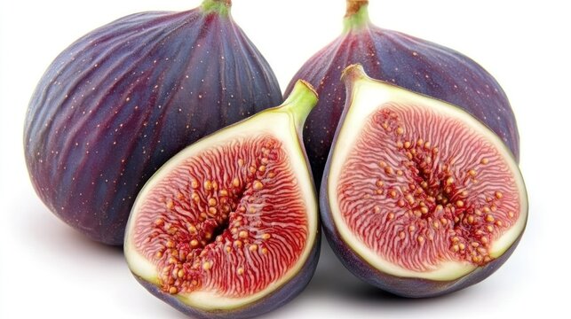 Fresh purple figs showing sweet red texture interior on white background studio shot