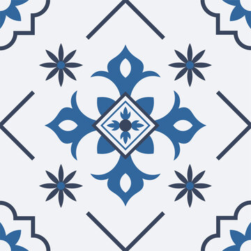 Portuguese azulejo pattern with blue floral decor