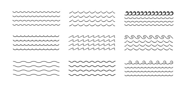 Set of silhouette wave line. Ocean waves line set. Water Waves, Sea Lines, and Surf Elements. Black water waves. Vector illustration