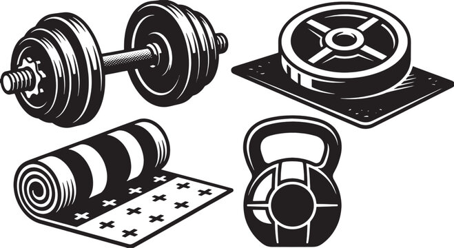 Gym Equipment Illustration Set with Dumbbell Weight Plate Yoga Mat and Kettlebell