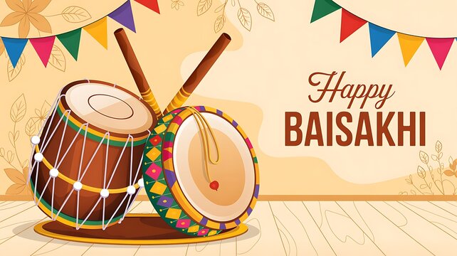 Vibrant indian drums for baisakhi celebration on wooden floor