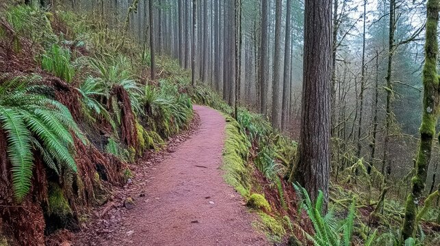 Idyllic forest trail with lush green ferns and moss covered trees in natural setting