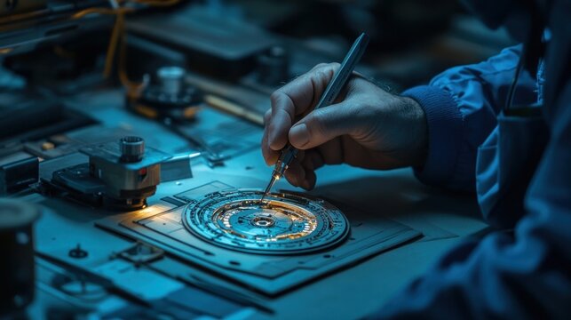 Precision microtechnology repair with technician hand crafting intricate electronic gear