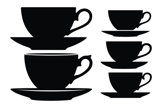 Black tea cup and saucer silhouettes stacked tea cups