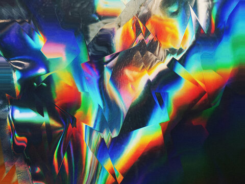 Crystalline holographic abstract background with prismatic chromatic light, glitch distortion and grainy noise texture. Vibrant spectral gradients for web banners, poster, cover, modern digital design