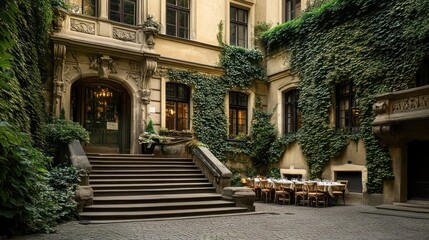 Obraz premium Architectural elegance old building with ivy covered facade and outdoor dining