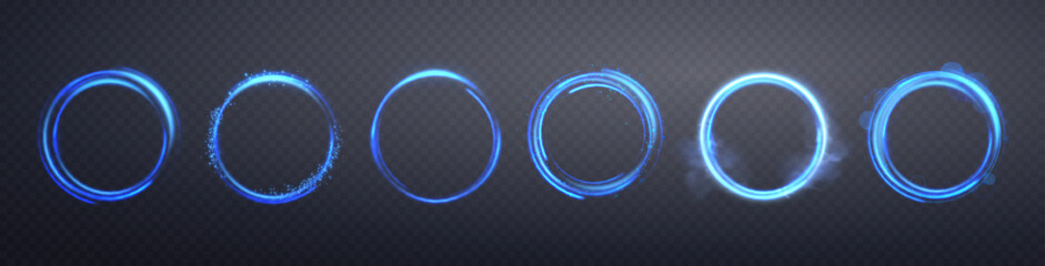 Blue neon circles with glowing light trails and energy effects. Round digital frame with abstract sparkle flare and luminous wave motion on dark background. © Elena