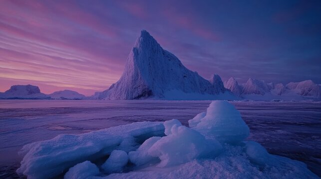 Winter mountain peak and ice floes at sunset