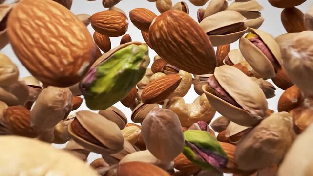 A dynamic explosion of assorted healthy nuts and seeds suspended in mid-air against a clean, neutral background