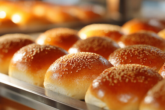 Freshly baked bread rolls on display in a local bakery shop