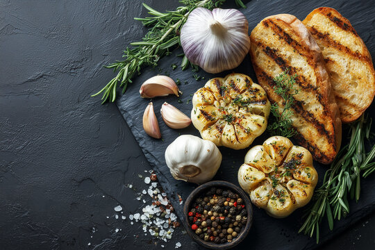 Grilled garlic and bread laid out on black serving board