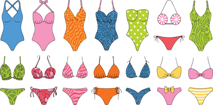 Cute dachshund dogs cartoon set in childlike style running jumping wearing sweaters hats glasses berets flat vector illustration