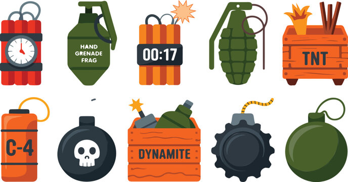 Cartoon bomb and dynamite set with explosive devices military ammunition game asset icons vector illustration collection isolated design