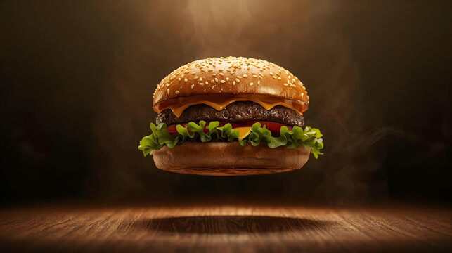 Luxurious gourmet hamburger culinary masterpiece with premium ingredients served on a dark moody background