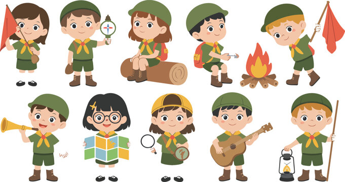 Cute scout kids cartoon set with boys and girls in uniform camping building campfire outdoor adventure summer camp vector illustration