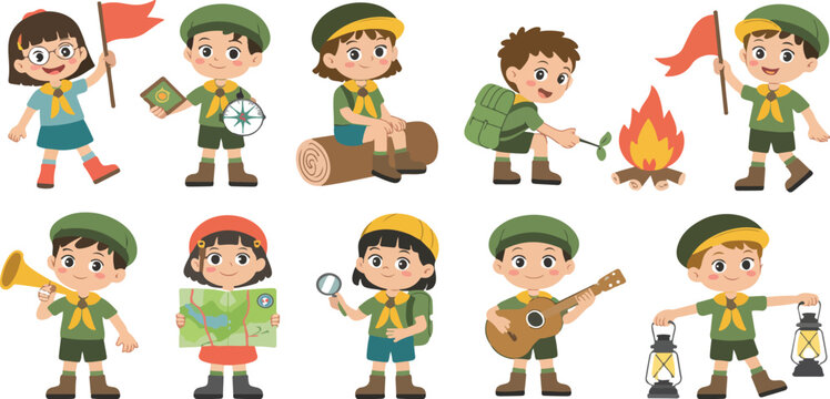 Cute scout kids cartoon set with boys and girls in uniform camping building campfire outdoor adventure summer camp vector illustration