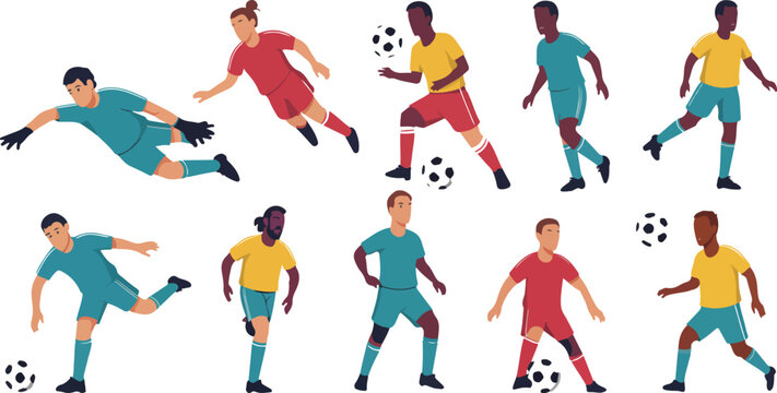 Cartoon football players vector set with men and women athletes in uniform dribbling, kicking, and playing soccer action illustrations