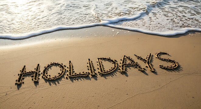 Word holidays written in sand on beach with gentle waves washing ashore during golden hour