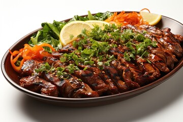 Fototapeta premium Grilled Sliced Steak Platter with Vegetables and Rice – Gourmet Meal