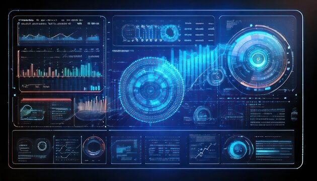 Futuristic HUD Interface with Data Visualization and Analytics.