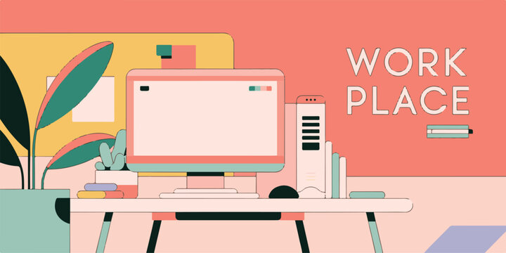 Workplace office background with computer monitor keyboard plant mouse stationary and flat modern style workspace desk setup art.