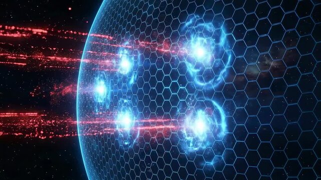 Advanced cyber shield deflecting multiple incoming digital attack streams in space. Concept of network security, cyber defense and data safety.