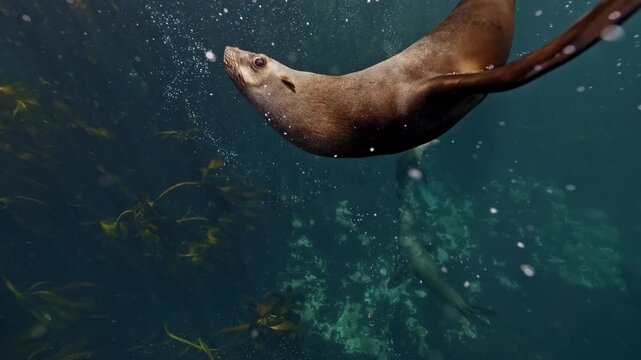 Group of Seals playing diving underwater in Sea of South Africa in Kelp forest. Aquatic mammal animals. Wildlife creatures. Making sparkling bubbles, marine mammal animal underwater in wild nature.
