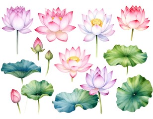 Fototapeta premium Watercolor lotus flowers and leaves, delicately rendered in shades of pink, purple, and green