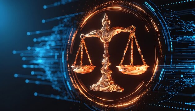 Modern Scales of Justice: Digital Icon for Legal Concepts.Digital scales of justice icon on futuristic HUD interface with human hand interacting in technological legal concept motion footage