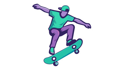 Obraz premium Skateboarder performing a jump trick on a skateboard vector illustration. Minimalist flat icon design of a young man in a teal shirt and purple pants skating. Extreme sport graphic element.