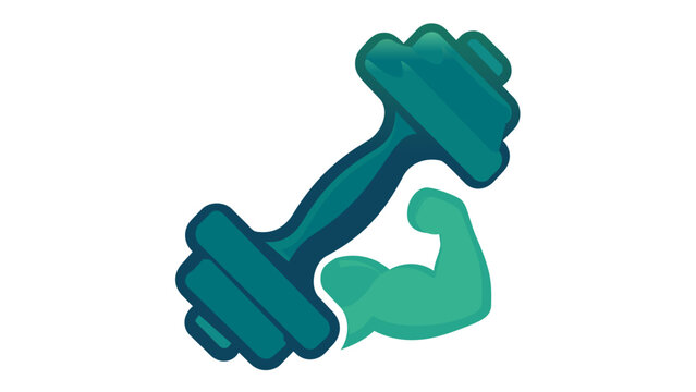 Green dumbbell and flexing bicep arm vector icon illustration for fitness, gym, bodybuilding, weightlifting, and strength training. Scalable flat minimalist design for health and workout apps.