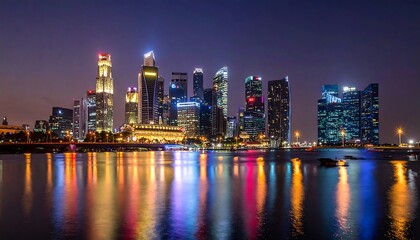 Obraz premium A vibrant night cityscape showcases towering skyscrapers reflecting their lights onto the tranquil water below, creating a captivating view