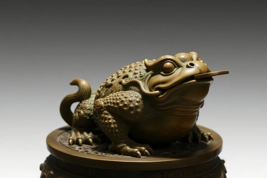 Bronze sculpture of a three-legged toad with coin in mouth, mounted on a circular base