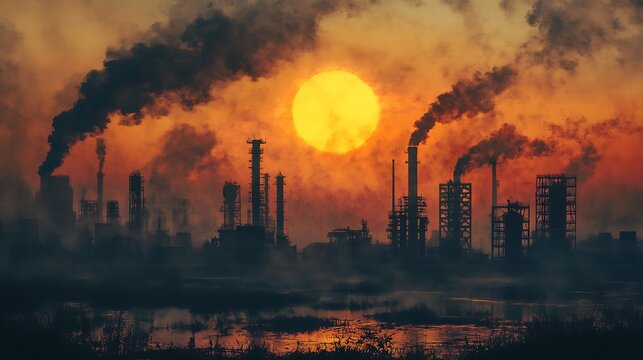 dramatic industrial sunset with smokestacks and fiery sky over abandoned factory at dusk