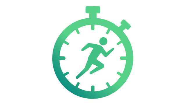 Green gradient vector icon illustration of a running person inside a stopwatch, symbolizing speed, athletic performance, time management, fitness training, sprinting, and fast race results.