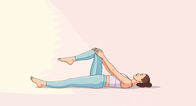 A woman lying on her back performing a knee-to-chest stretch exercise on a mat