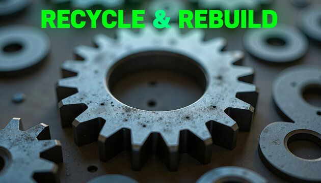 Industrial Metal Gears and Cogs with Recycle and Rebuild Text for Sustainability Concept