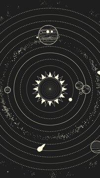 Seamless looping animation of a stylized solar system with planets orbiting a central star. Retro vintage design inspired by classic astronomy illustrations with circular orbital paths.
