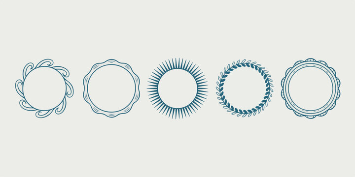 Set of five unique round frames with various ornamental borders for invitations and certificates.