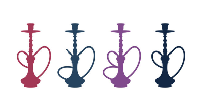 Four colorful hookah pipes in a row, stylized vector illustration, modern shisha concept, vibrant and clean design