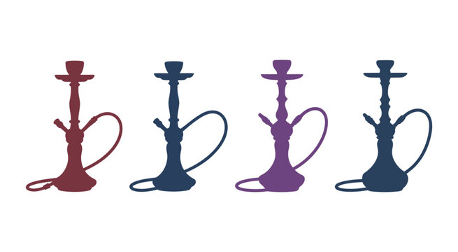 Four colorful hookah pipes in a row, stylized vector illustration, modern shisha concept, vibrant and clean design