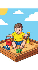 Naklejka premium A young child wearing a yellow shirt plays with toys inside a square sandbox