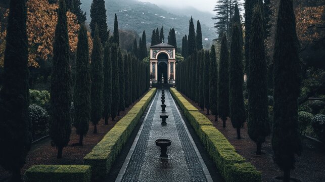 Formal garden path with cypress trees and urns
