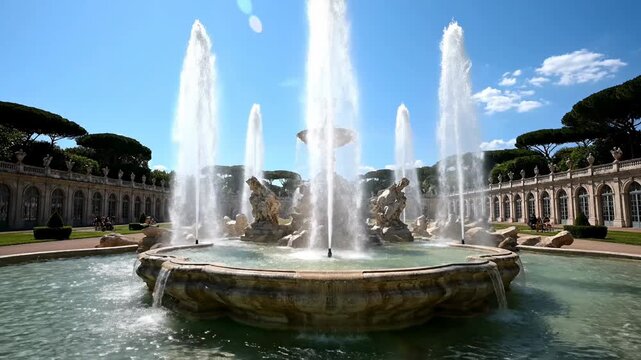 Large stone fountain with statues spraying water in a classical garden under a bright blue sky