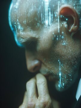 Close-up portrait of a man with a digital data overlay, concept of artificial intelligence, identity, and surveillance