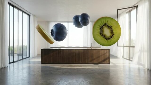 Floating fruits in modern kitchen 3d visualization this video was created by ai generative ai artificial intelligence