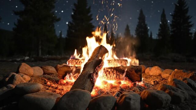 Peaceful Night Campfire Under Starry Sky. 
A warm campfire burns brightly in a forest clearing beneath a calm, star-filled night sky.